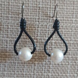 Handmade White Pearl And Black Leather Dangle Earrings